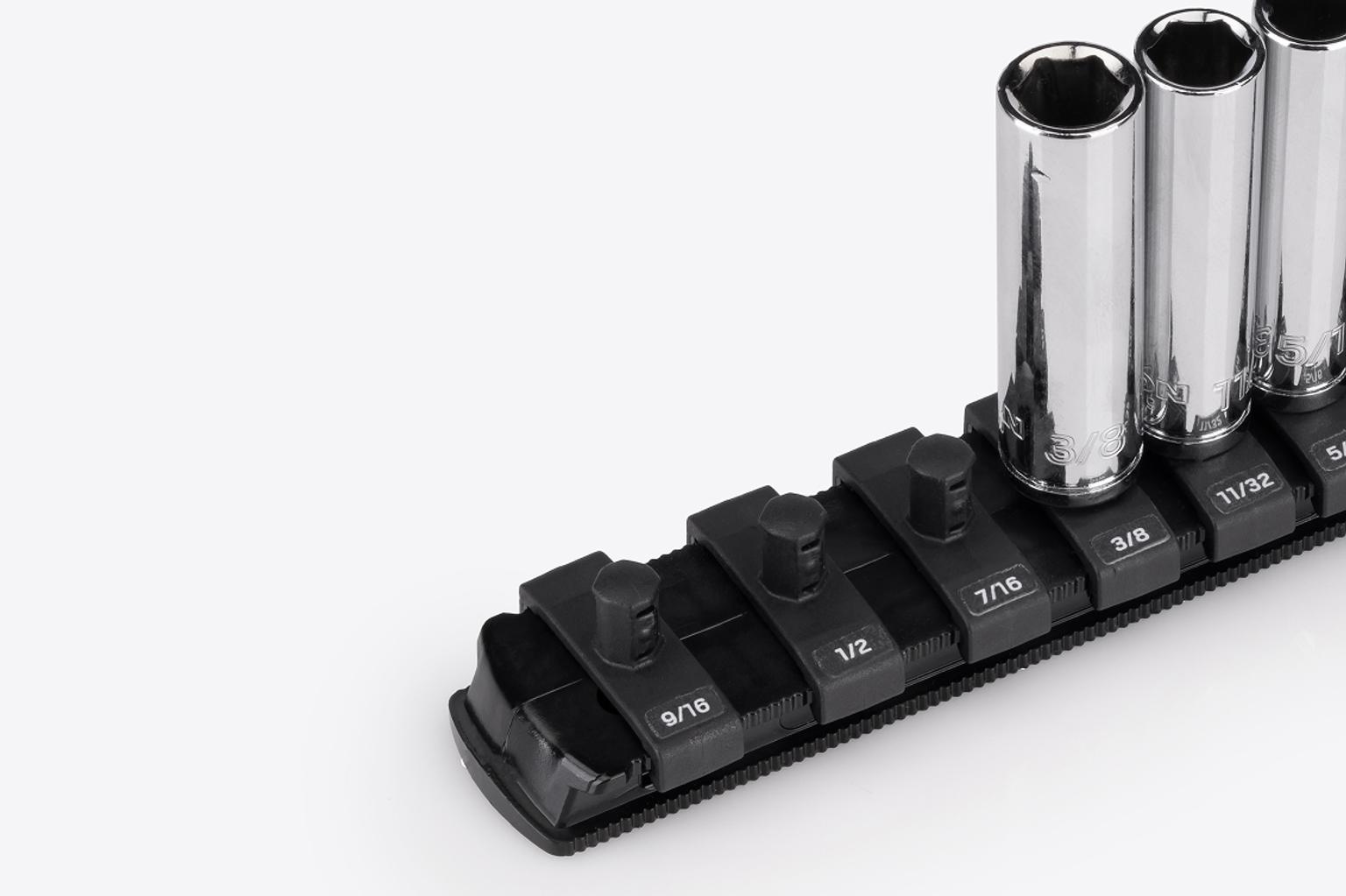 Labels on a black socket rail with hand drive sockets.