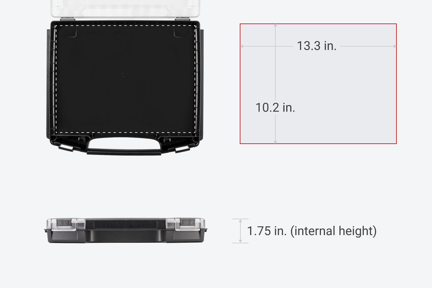 The interior dimensions of the drawer are 13.3 x 10.2 x 1.75 inches