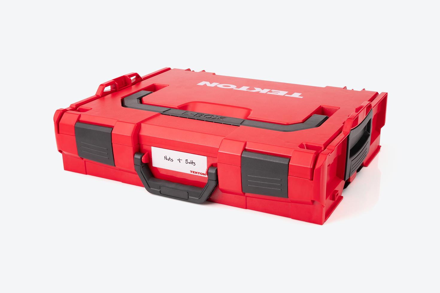 A Shallow Stacking Tool Box (L-BOXX 1) with a hand written label that says "Nuts + Bolts"