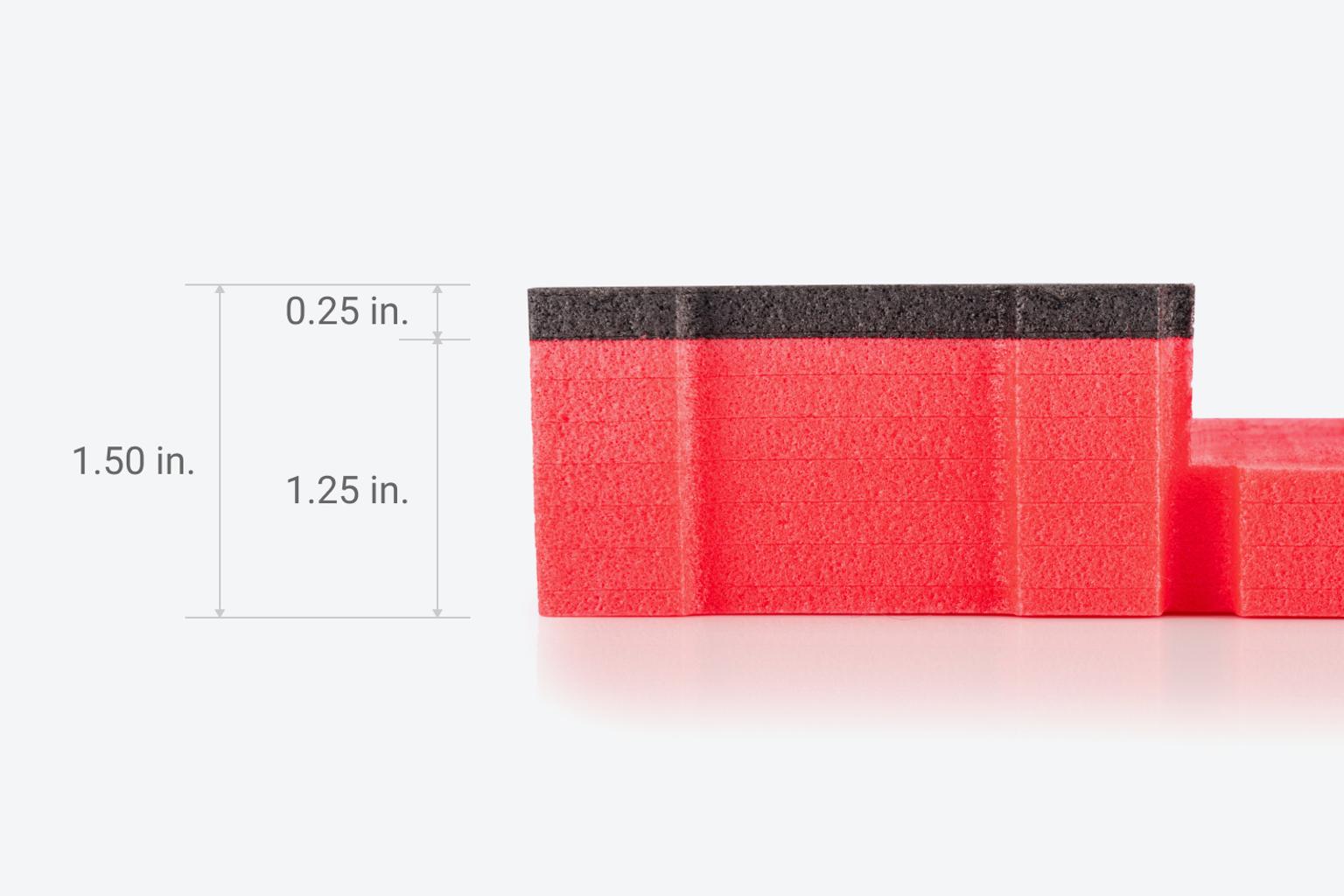 The black layer of foam is 0.25 inches deep and the red layer is 1.25 inches deep.