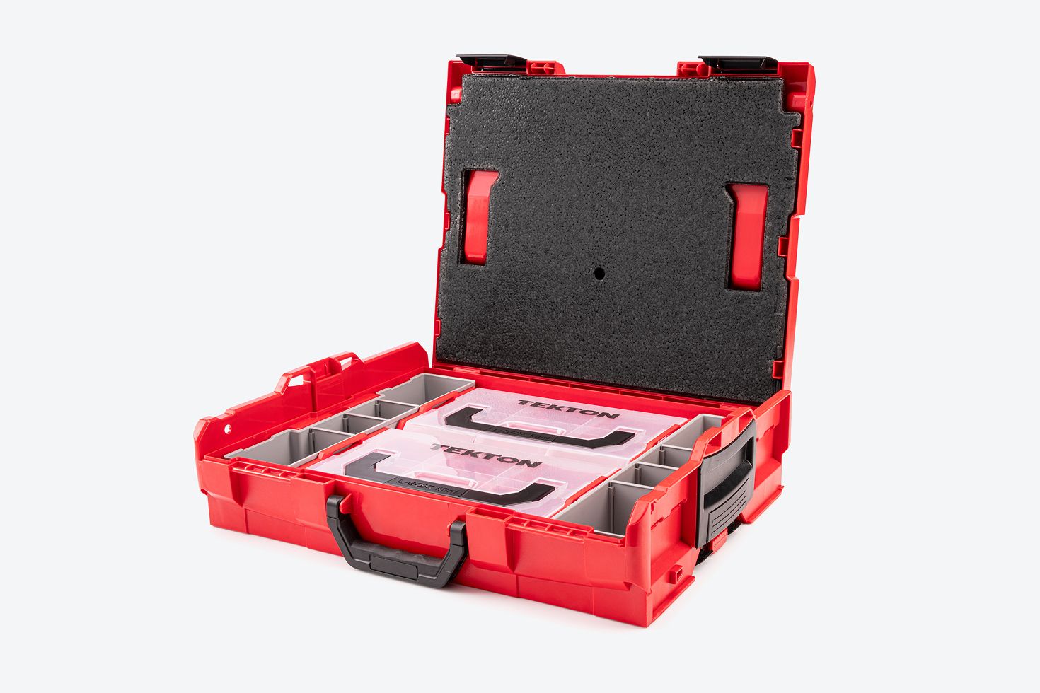 A red shallow stacking tool box filled with organizer bins and two shallow stacking tool boxes.