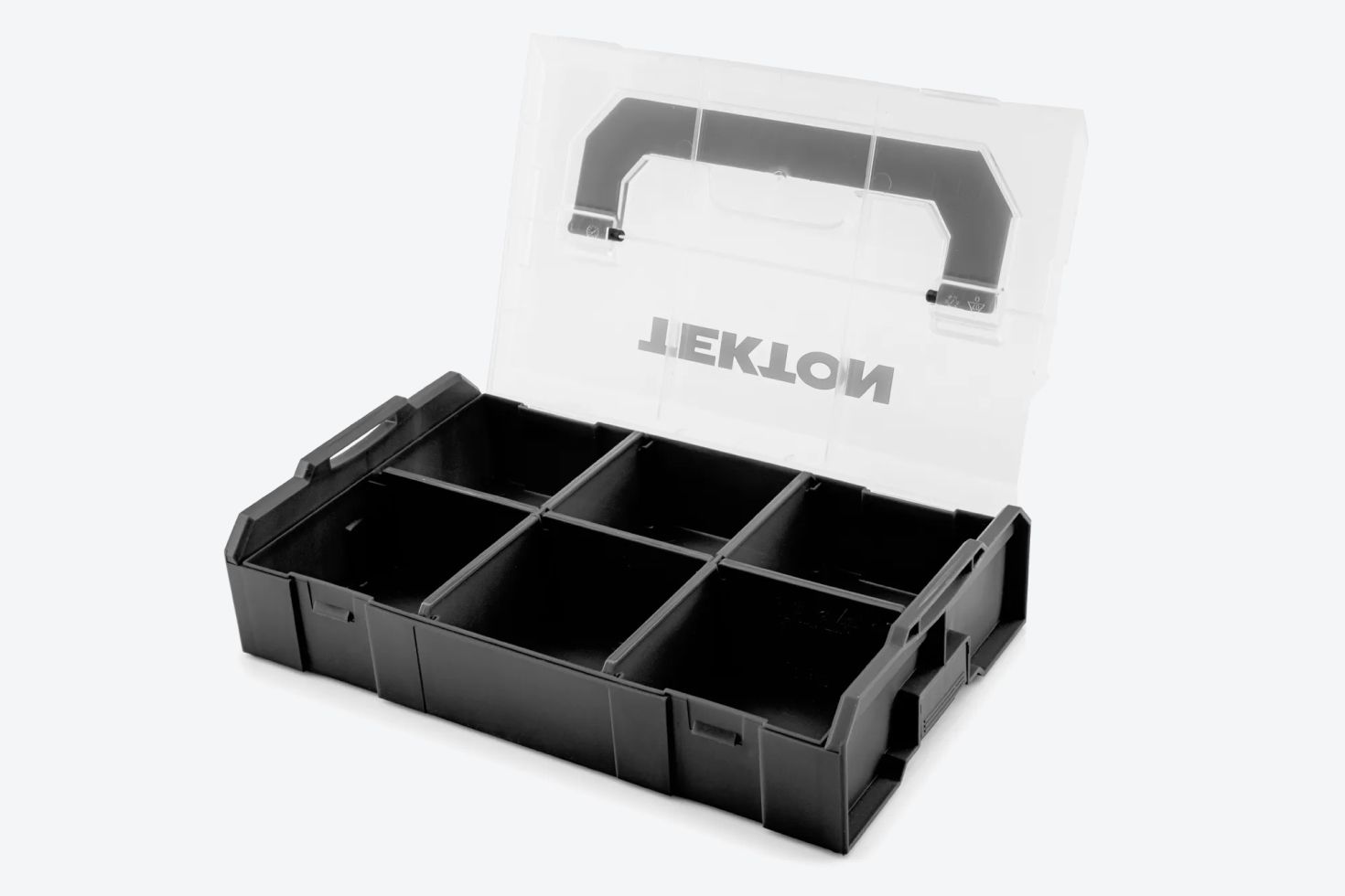A black mini stacking tool box on a light gray background