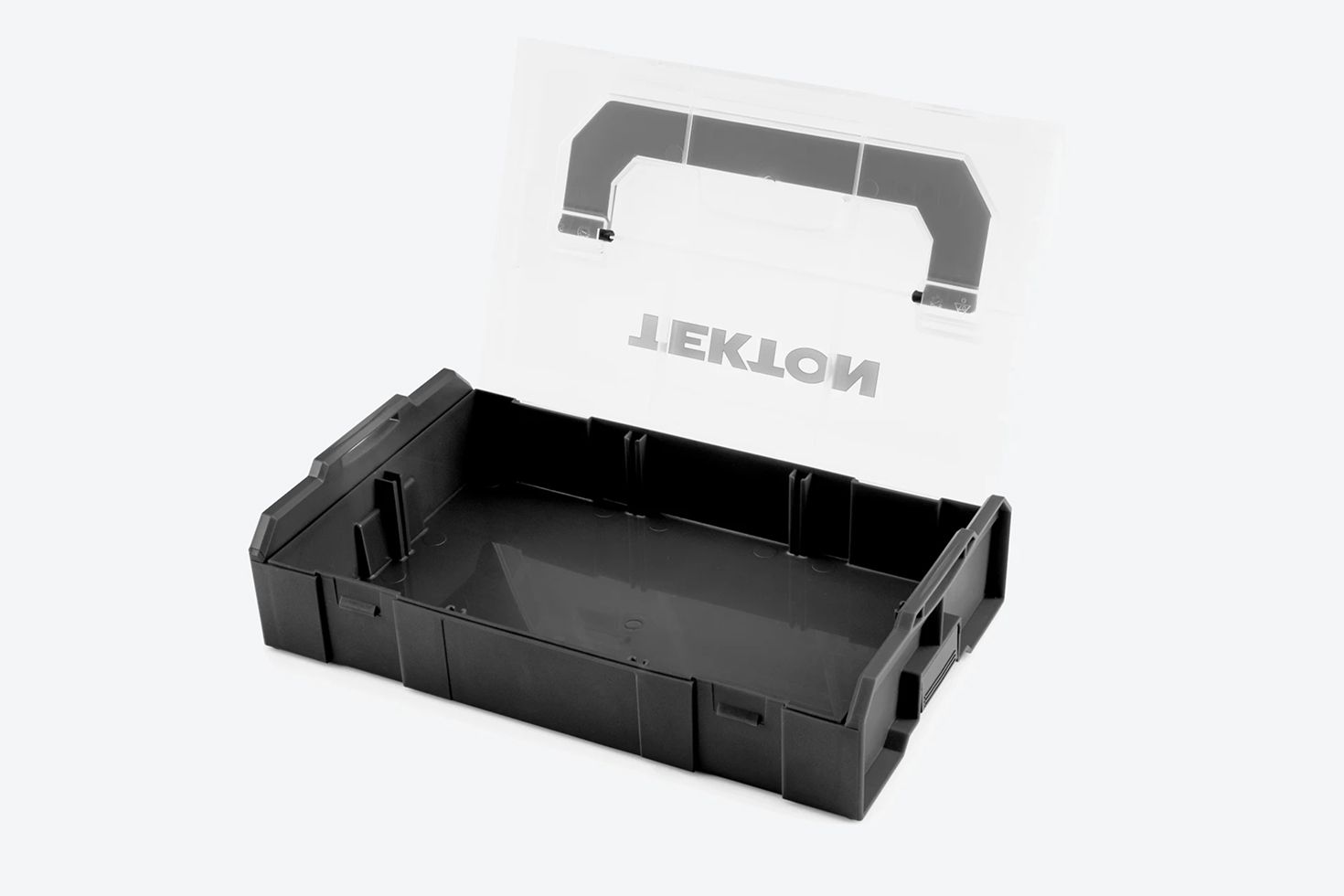 A black mini stacking tool box on a light gray background