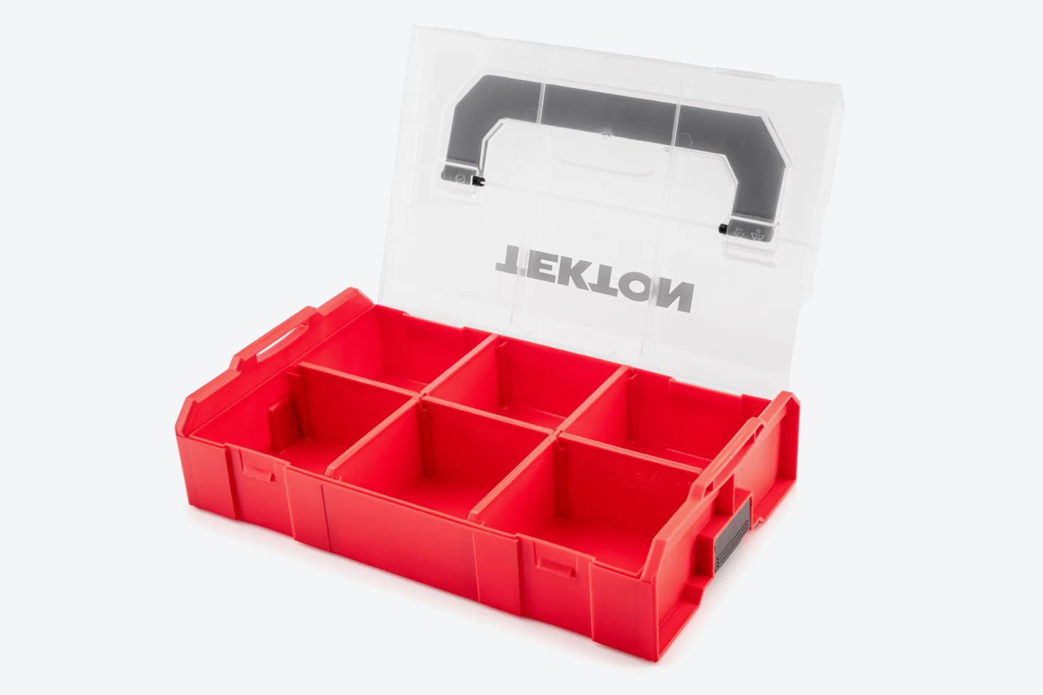 A red mini stacking tool box on a light gray background