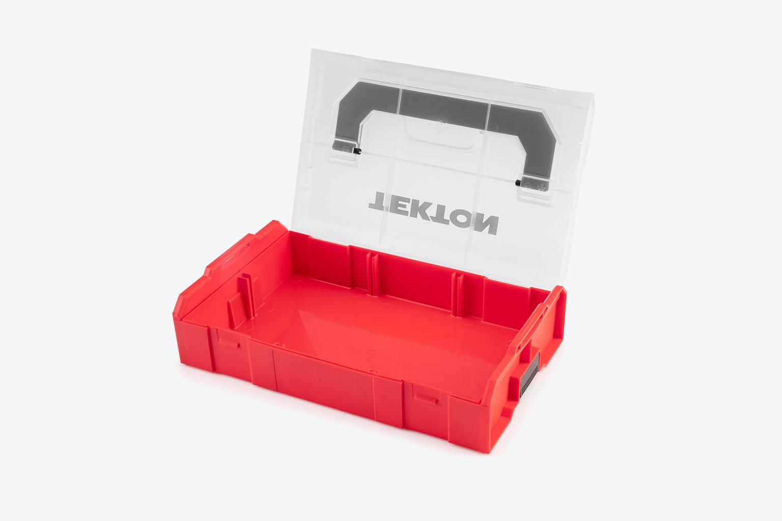 A red mini stacking tool box on a light gray background