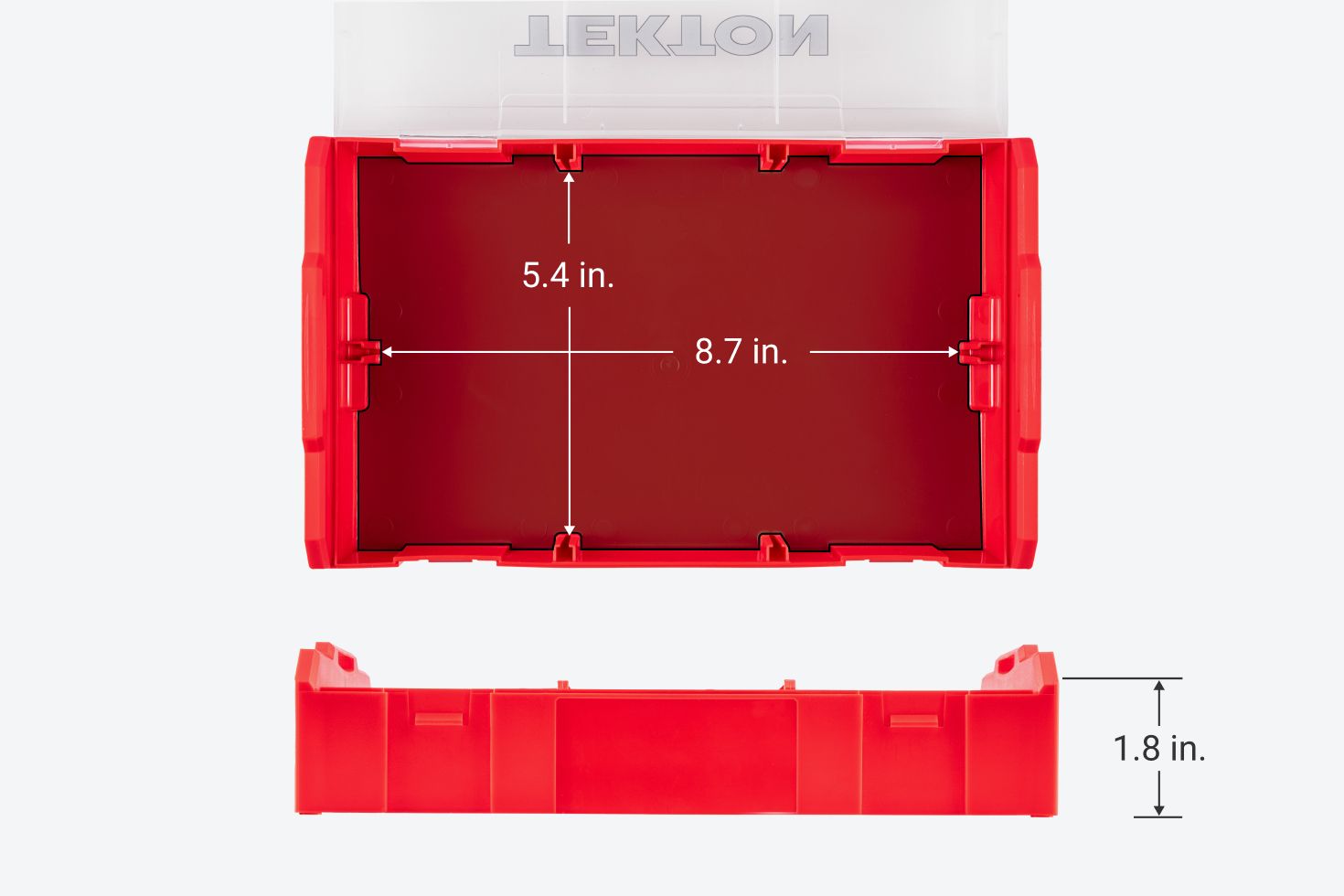 Graphic showing the interior dimensions of the box: 5.4 x 8.7 inches, with a height of 2.6 inches