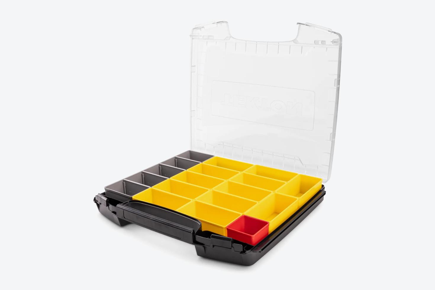 Gray, yellow, and red bins in a shallow lidded drawer