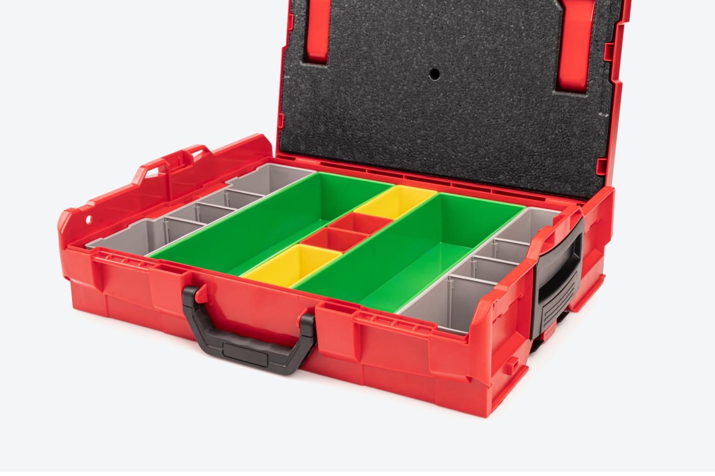 Tekton Shallow Stacking Tool Box #OLB11021 with red, yellow, large green, and large gray inset organizer bins.