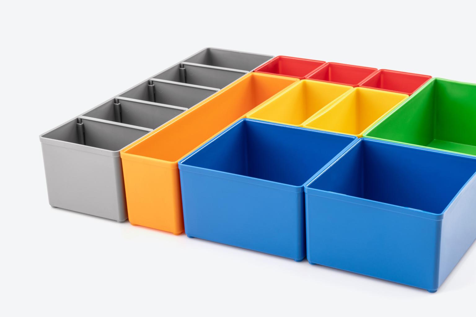 All colors of organizer bins shown: red, orange, yellow, green, blue, gray