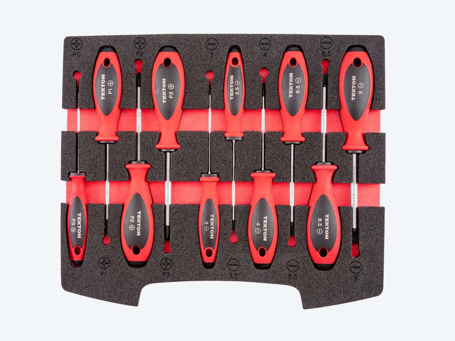 Phillips and metric slotted drivers in black and red foam. Tekton set #DWZ90600.