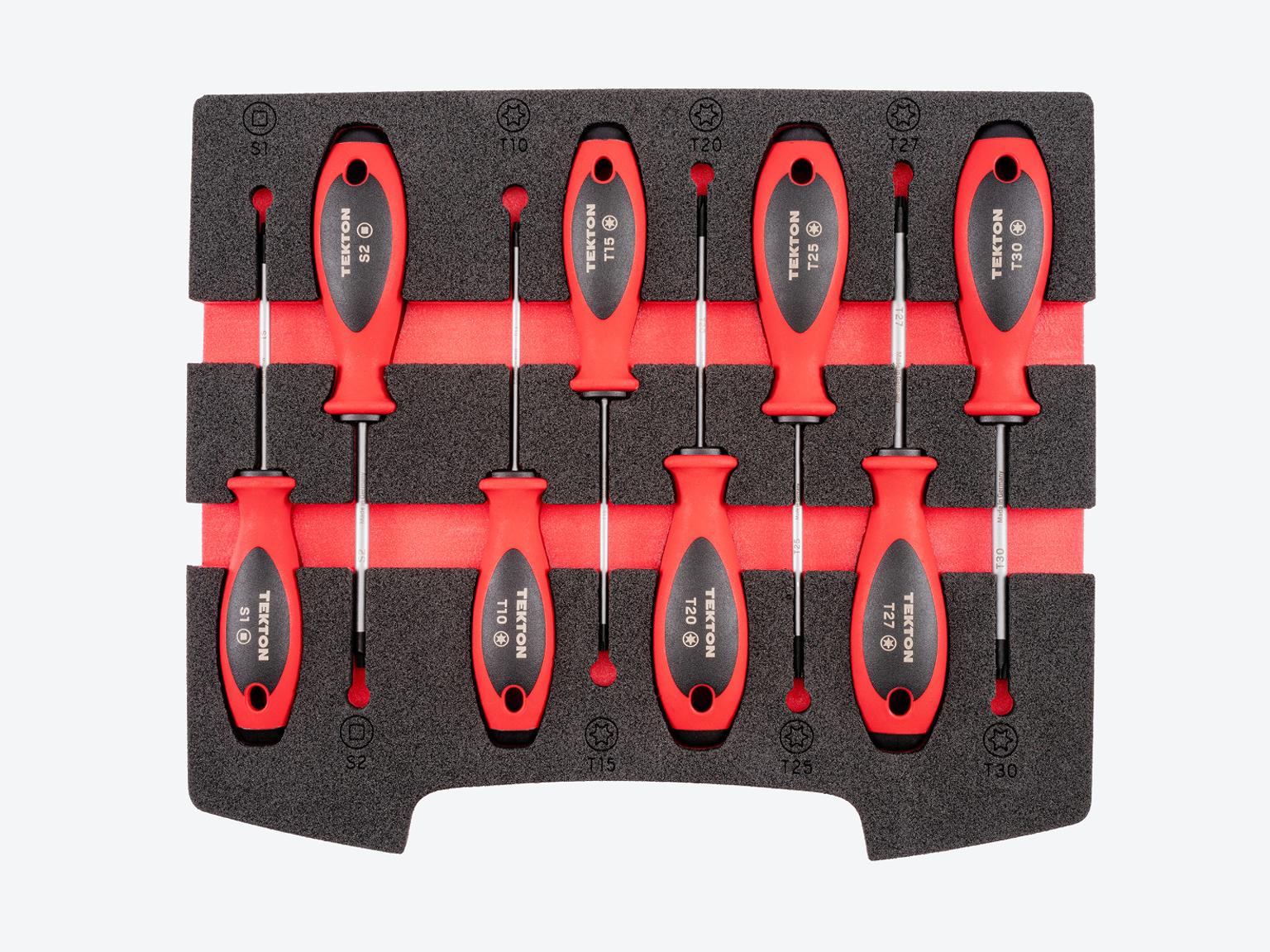 Square and Torx (star) drivers in black and red foam. Tekton set #DWZ90601.