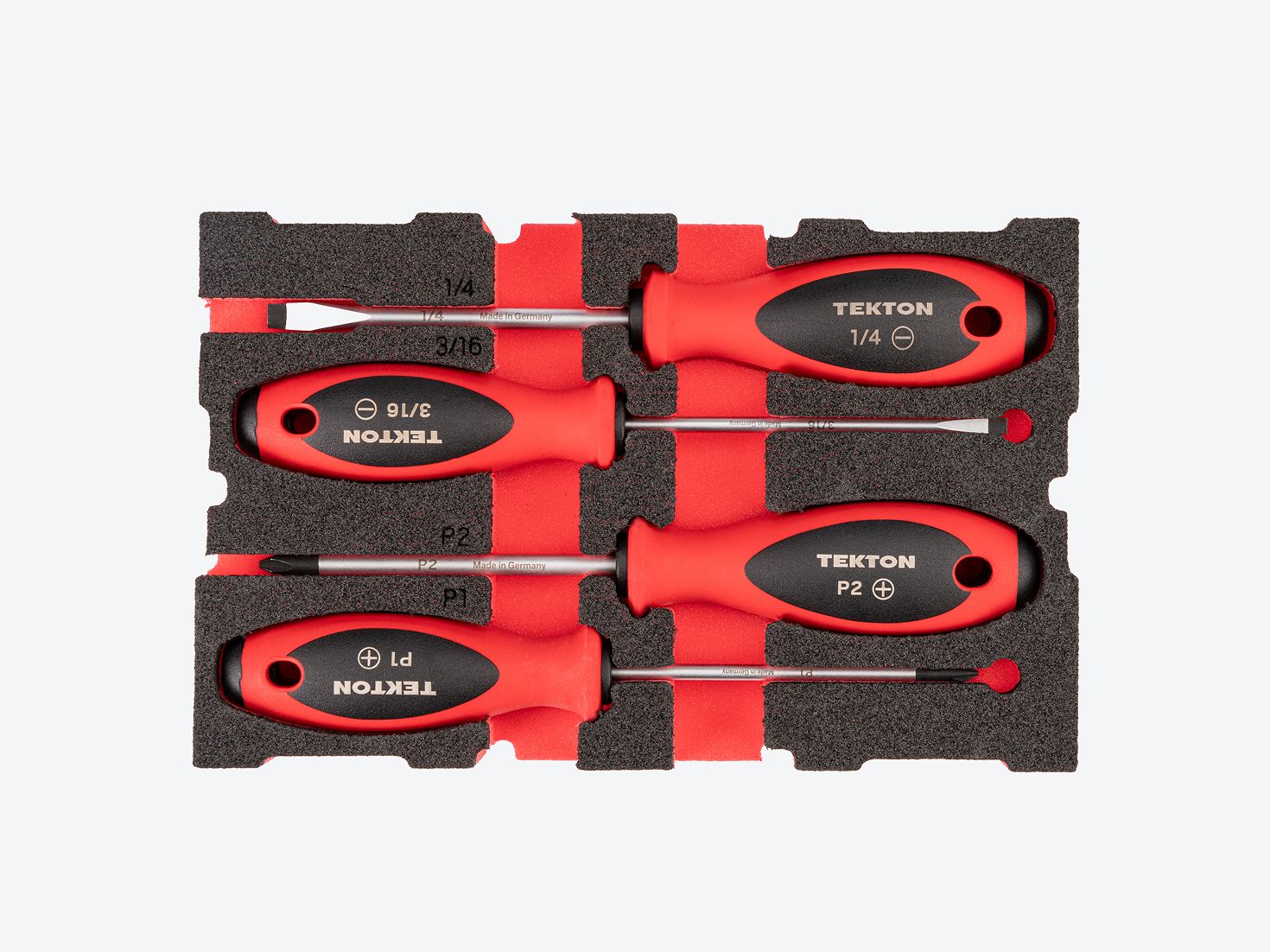 Phillips and inch slotted screwdrivers in red and black foam. Tekton set #DWZ90603.