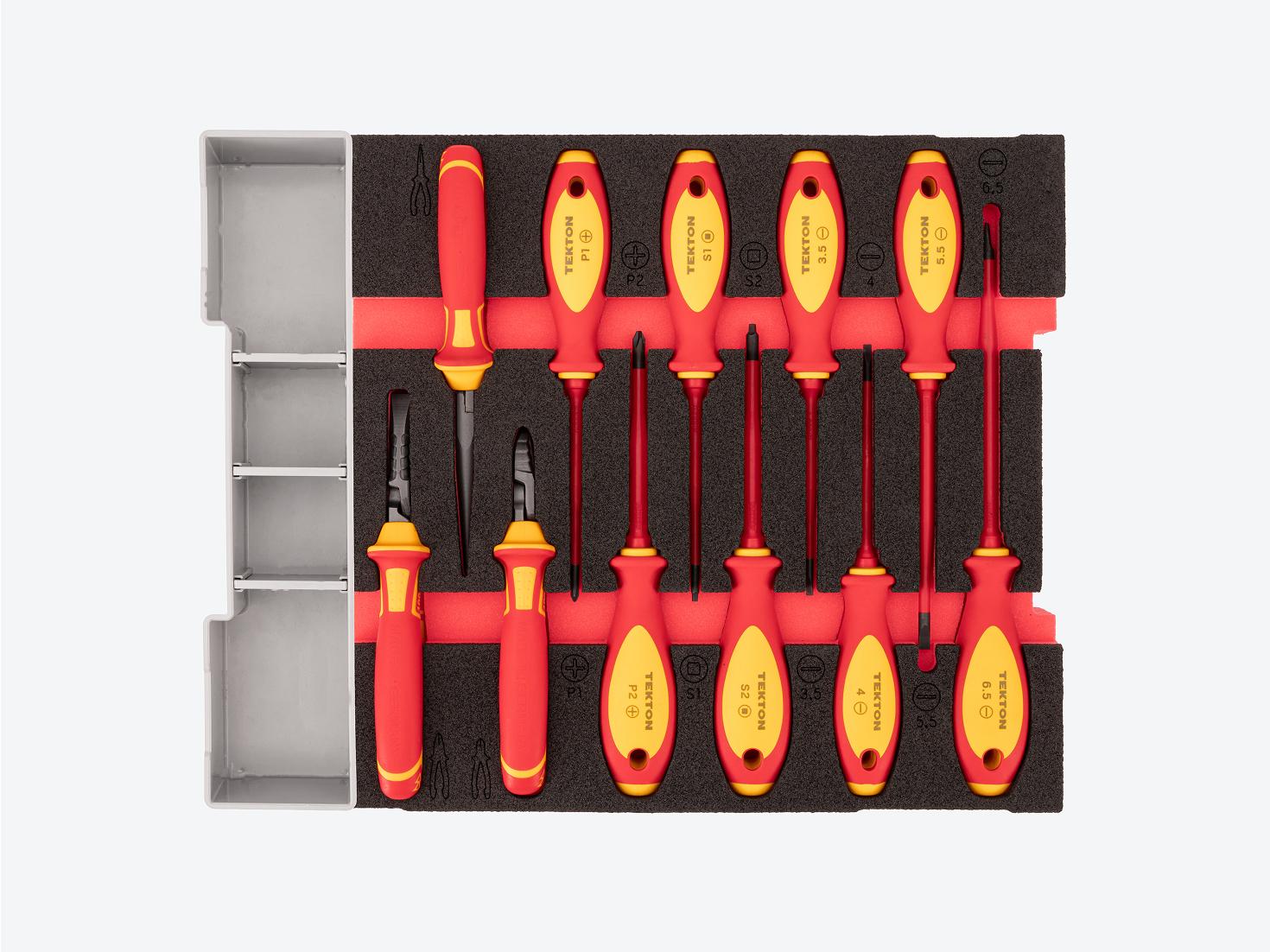 Insulated pliers and screwdrivers in black and red foam. Tekton set #OLB90901.