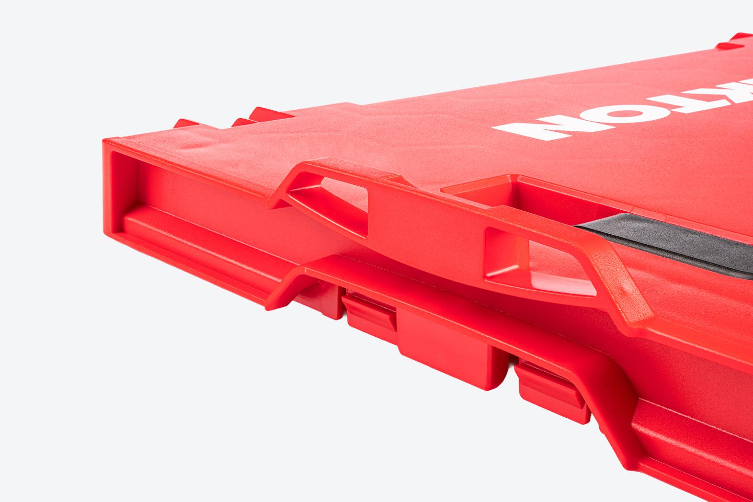 Close-up view of the front corner of a Tekton Top for Stacking Drawer Rack.