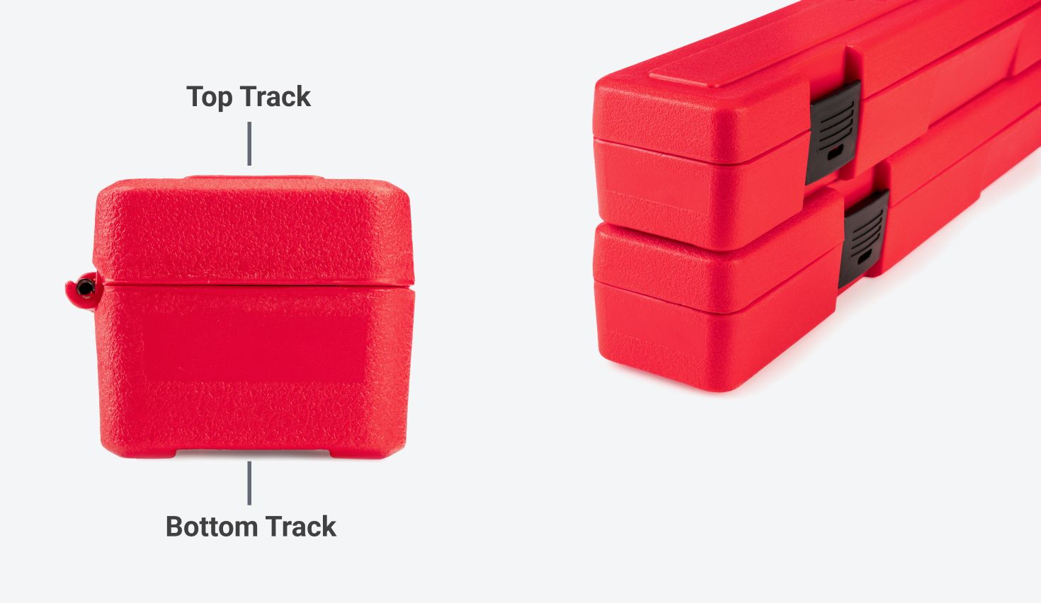 Graphic pointing out the tracks on the top and bottom of the case.