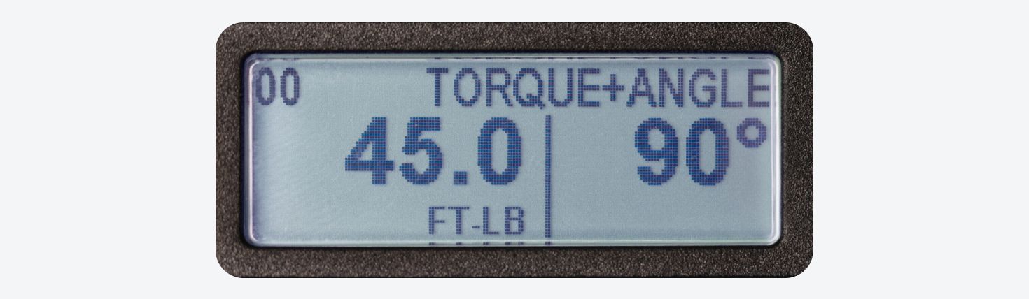 An electronic torque wrench screen in torque + angle mode