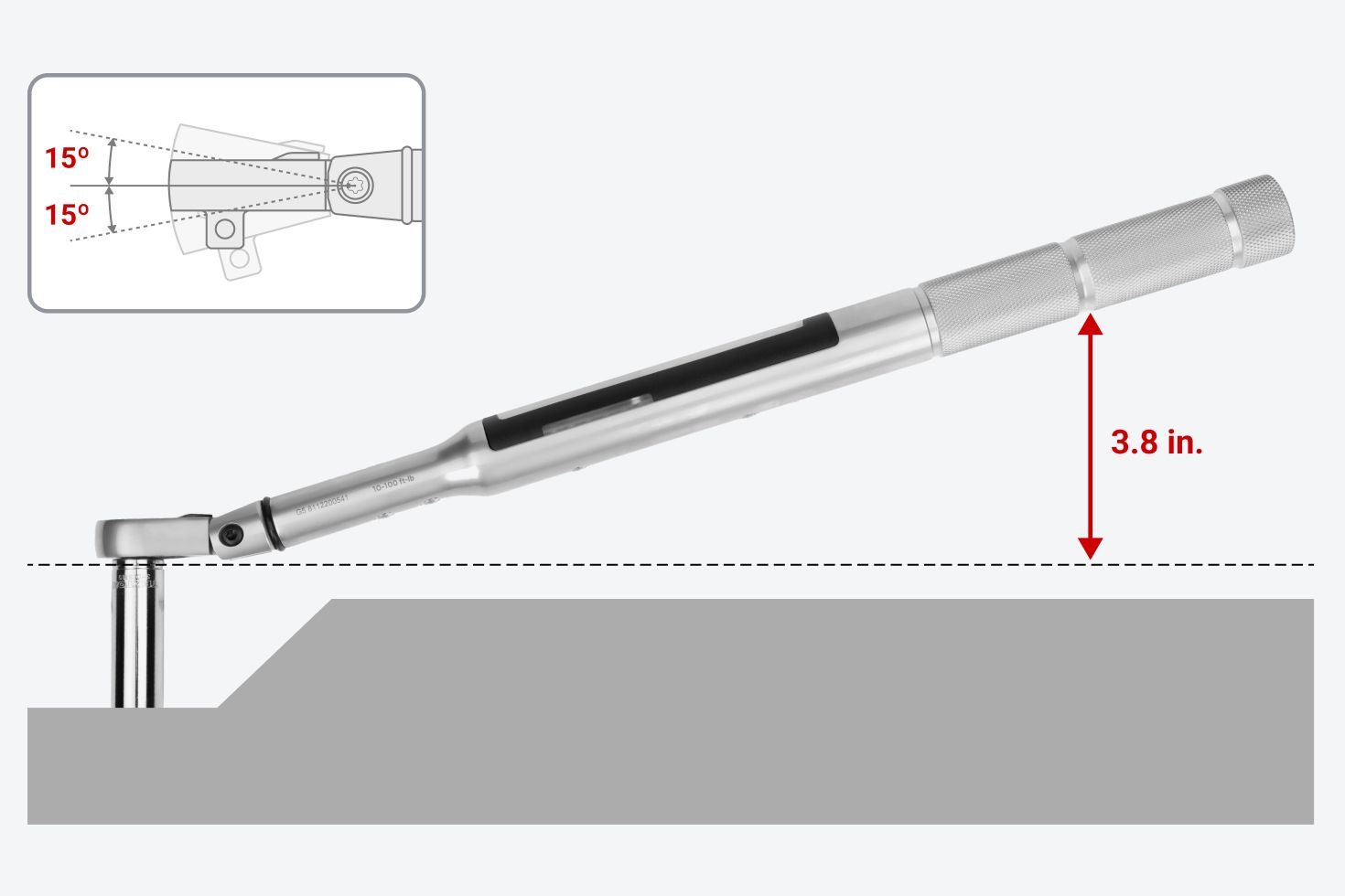 The flex head lets the center of the handle reach a height of up to 3.8 inches from the drive tang