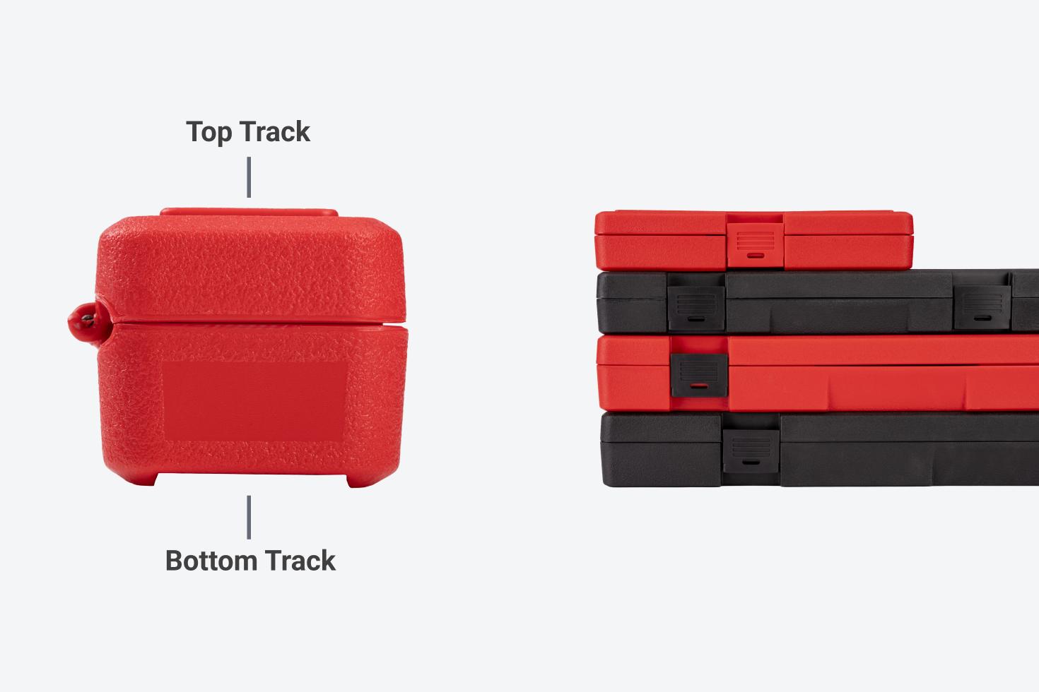 Graphic pointing out the tracks on the top and bottom of the case.