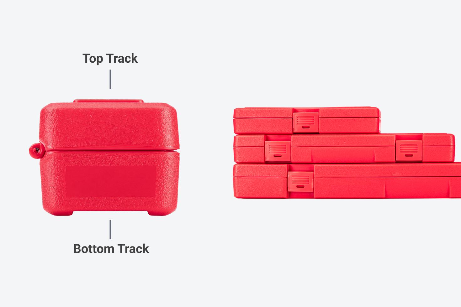 Graphic pointing out the tracks on the top and bottom of the case.