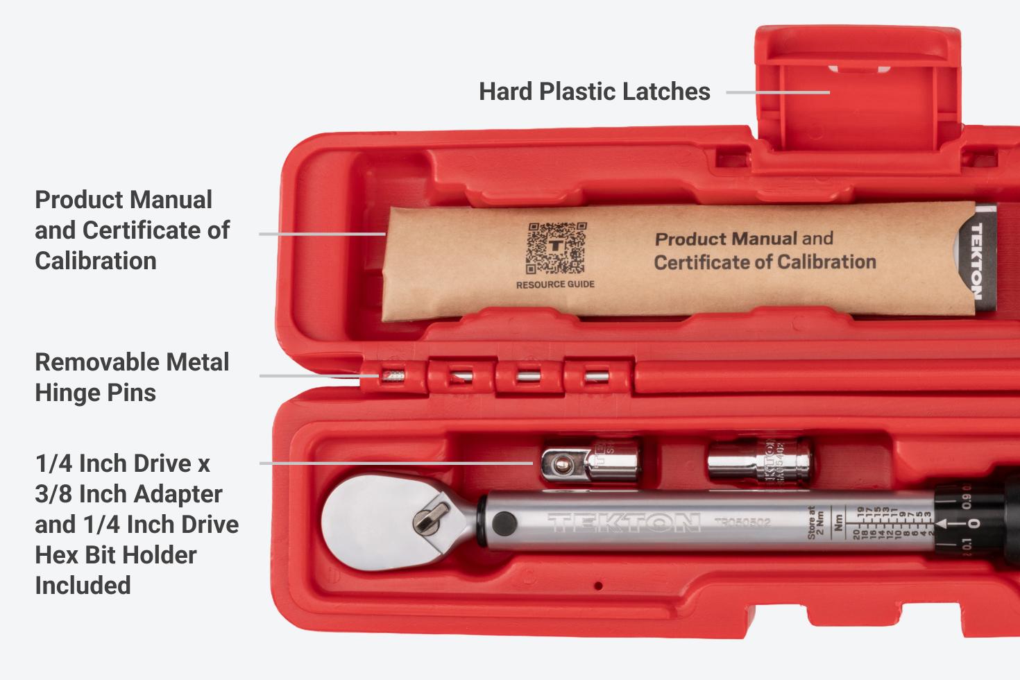 The case has hard plastic latches, a product manual and certificate of calibration, removable metal hinge pins, and additional accessories.