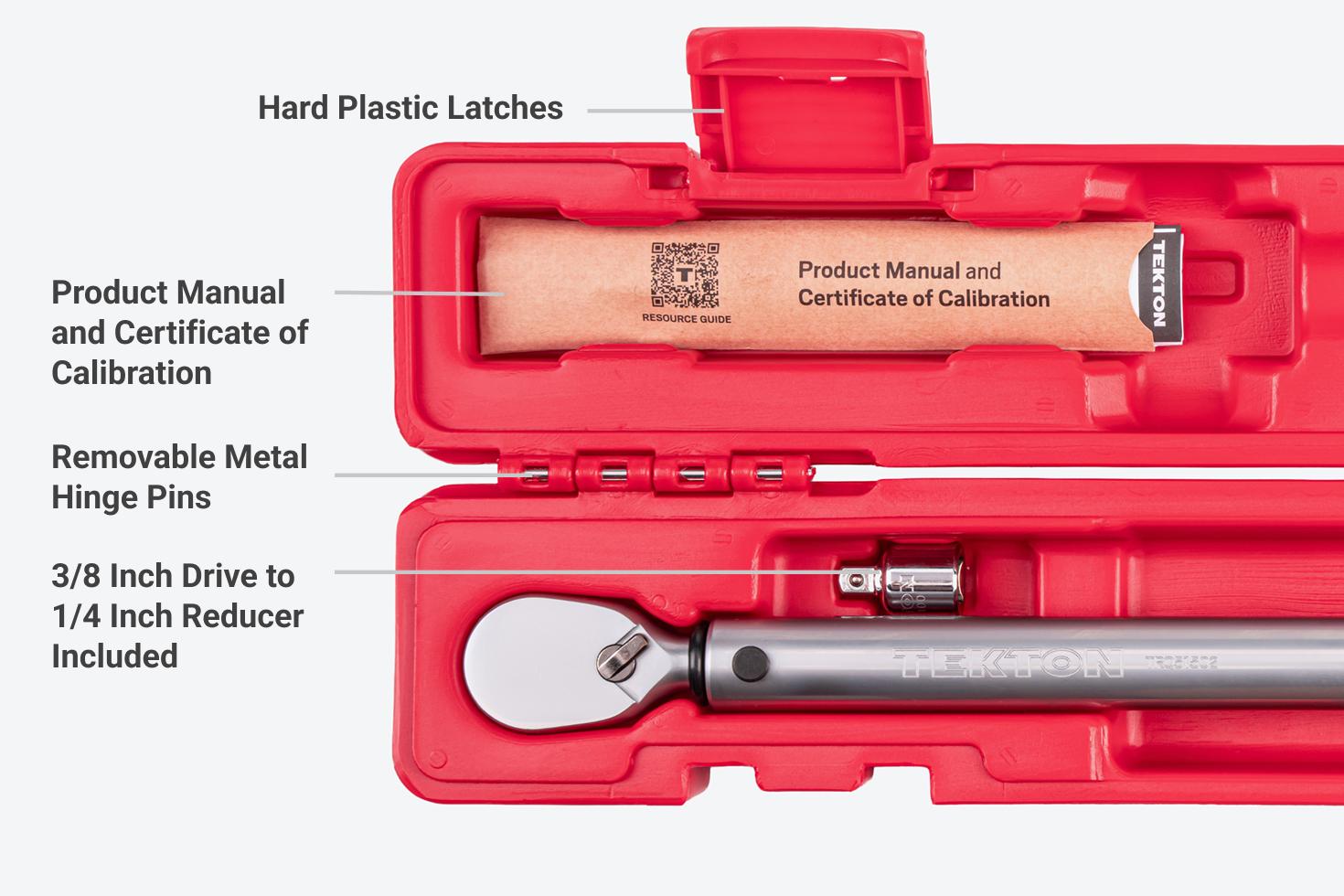 The case has hard plastic latches, a product manual and certificate of calibration, removable metal hinge pins, and additional accessories.