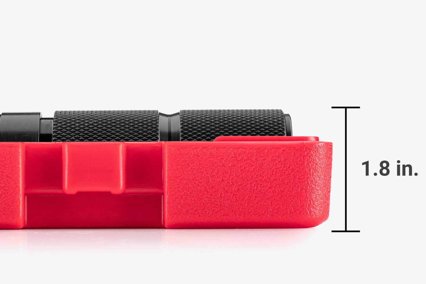 With the lid off, the case and wrench are 1.8 inches tall.