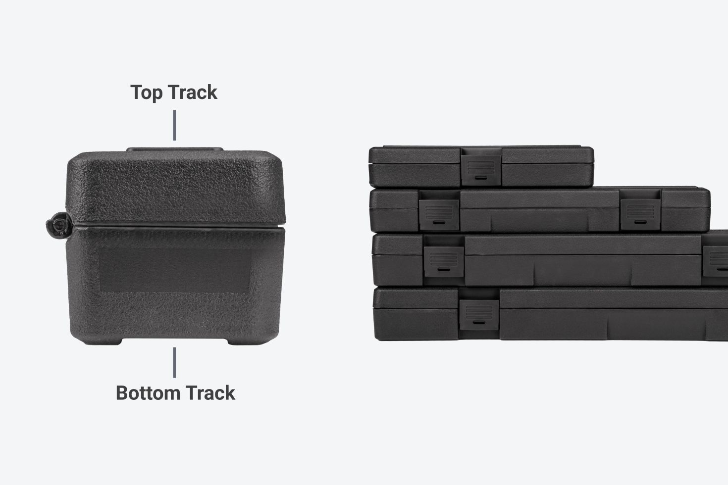 Graphic pointing out the tracks on the top and bottom of the case.