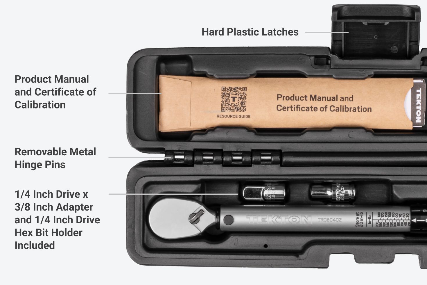 The case has hard plastic latches, a product manual and certificate of calibration, removable metal hinge pins, and additional accessories.