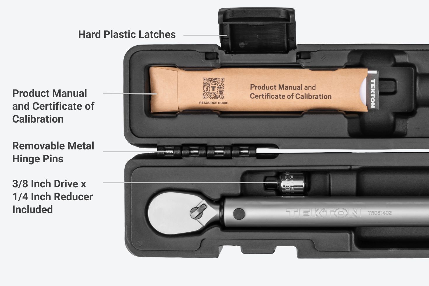 The case has hard plastic latches, a product manual and certificate of calibration, removable metal hinge pins, and additional accessories.