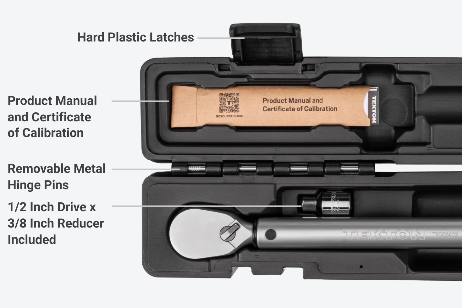 The case has hard plastic latches, a product manual and certificate of calibration, removable metal hinge pins, and additional accessories.