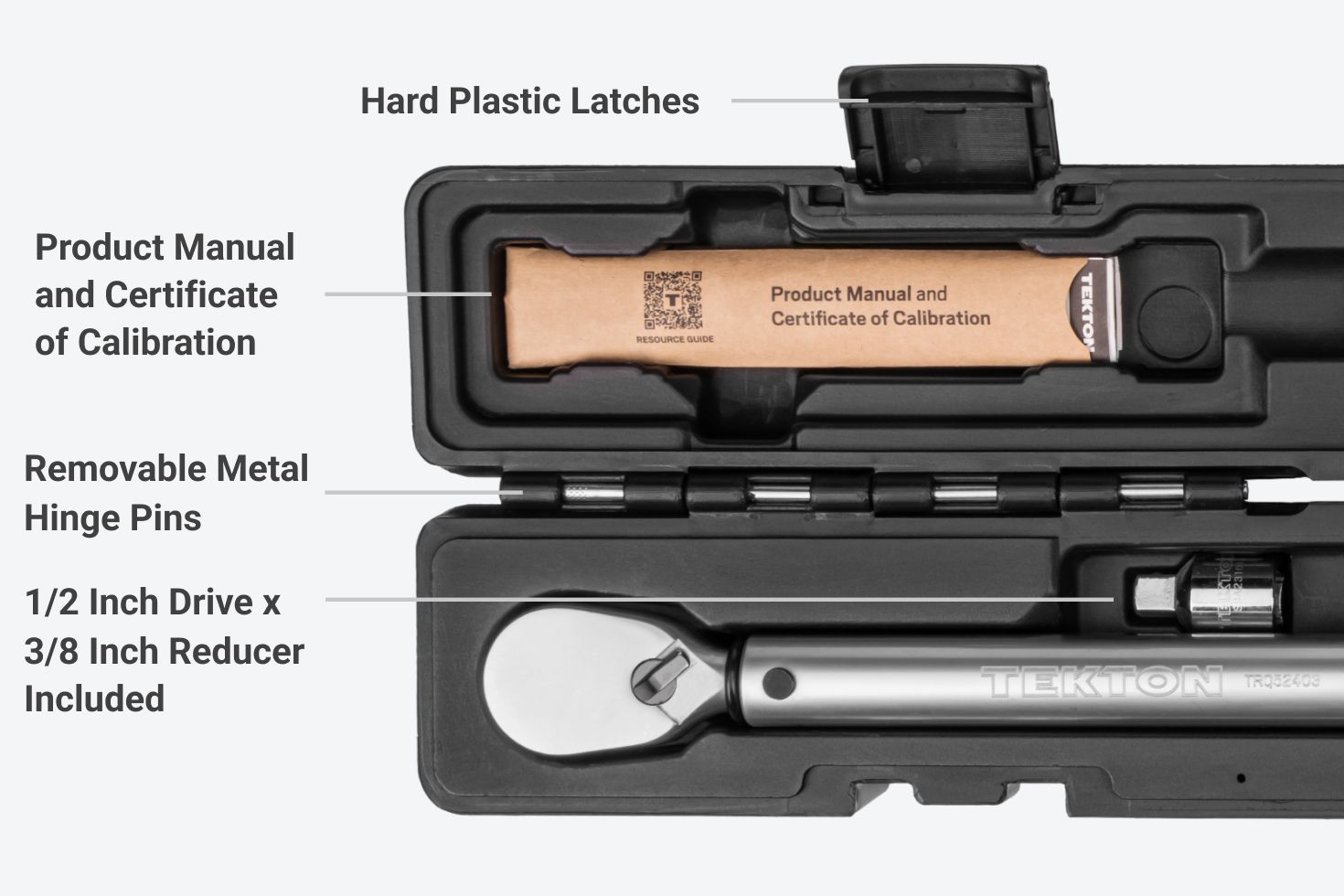 The case has hard plastic latches, a product manual and certificate of calibration, removable metal hinge pins, and additional accessories.