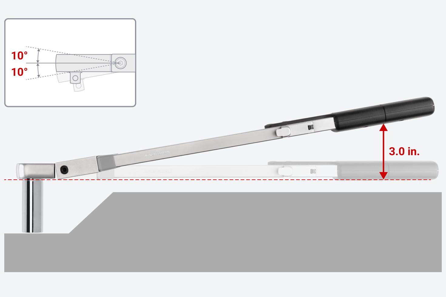 A 1/2 inch drive split beam torque wrench with the head flexed a full 10 degrees. At the center of the handle, this raises the handle 3.0 inches