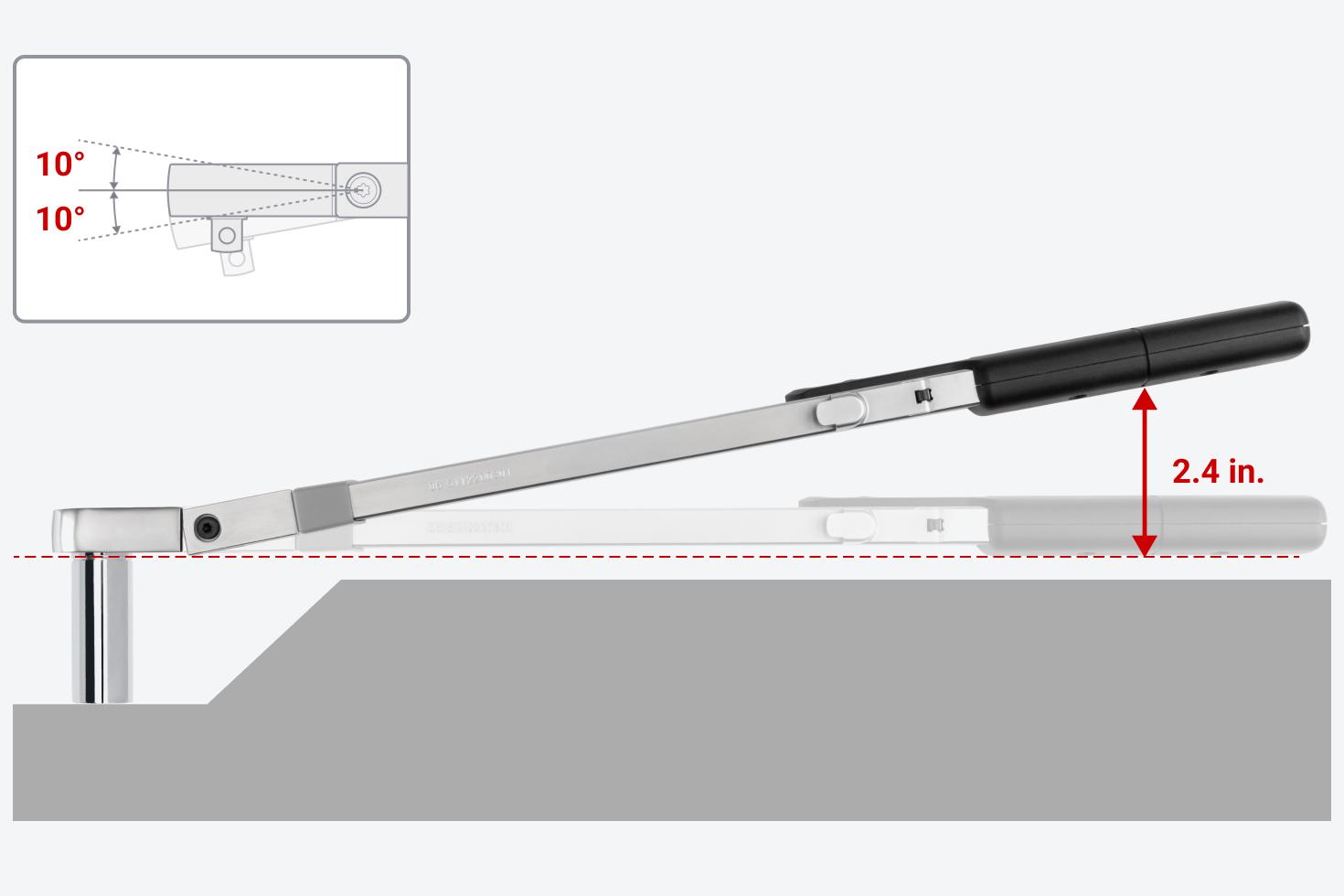 A 3/8 inch drive split beam torque wrench with the head flexed a full 10 degrees. At the center of the handle, this raises the handle 2.4 inches