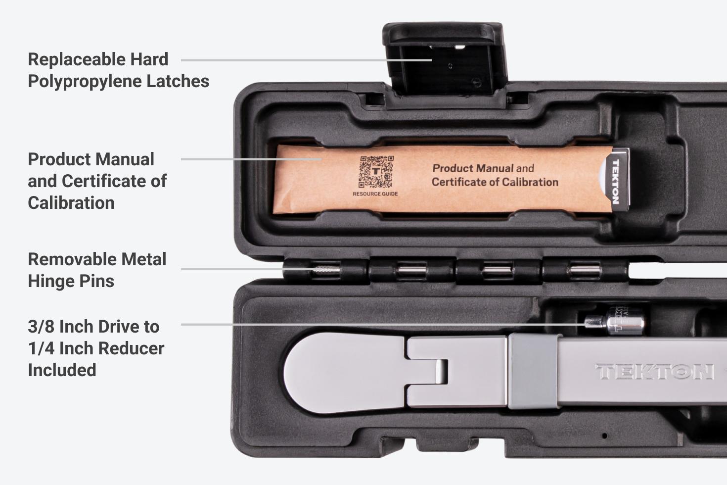 The case has replaceable latches, a product manual and certificate of calibration, removable hinge pins, and a reducer