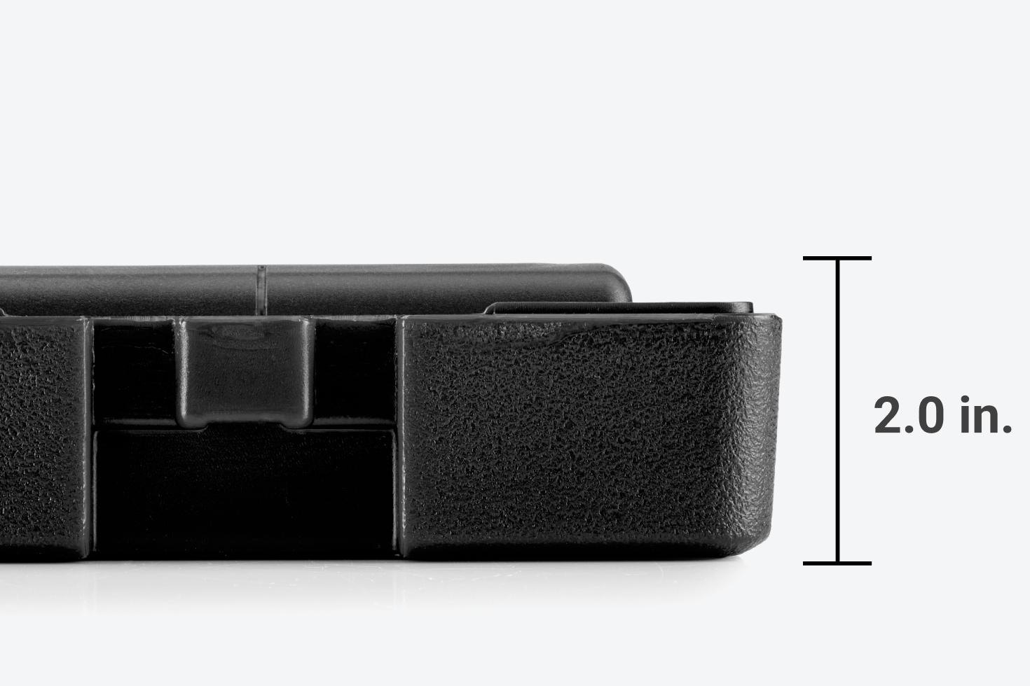 With the lid off, the case and wrench are 2.0 inches tall.