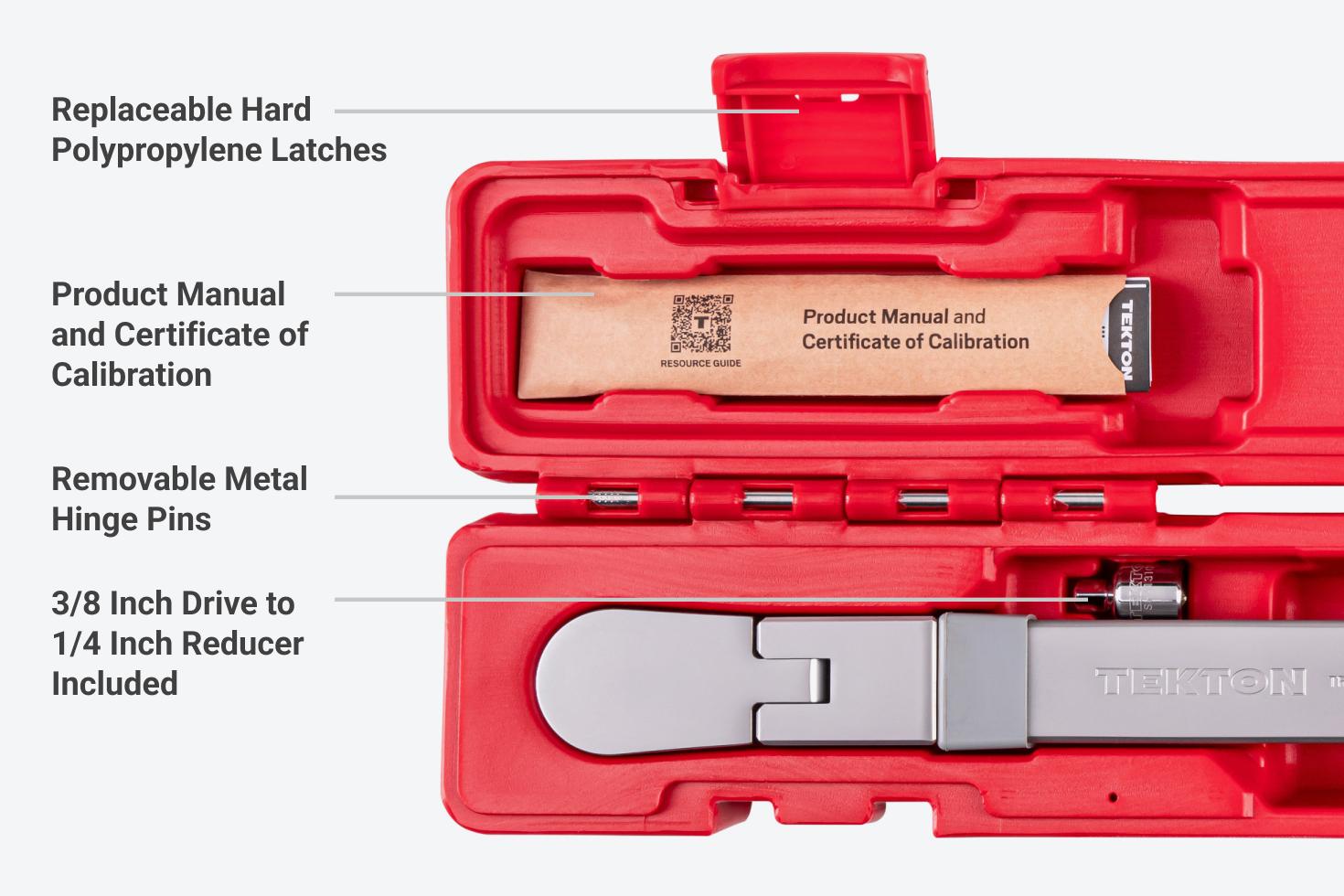 The case has replaceable latches, a product manual and certificate of calibration, removable hinge pins, and a reducer