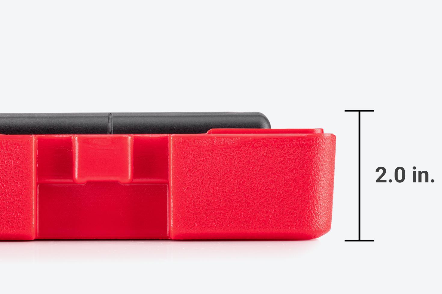 With the lid off, the case and wrench are 2.0 inches tall.
