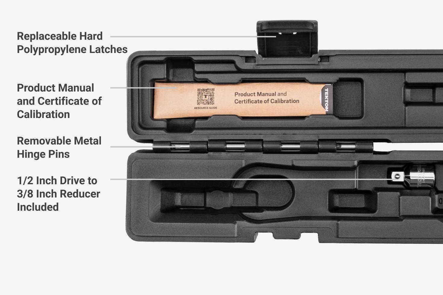 The case has replaceable latches, a product manual and certificate of calibration, removable hinge pins, and a reducer