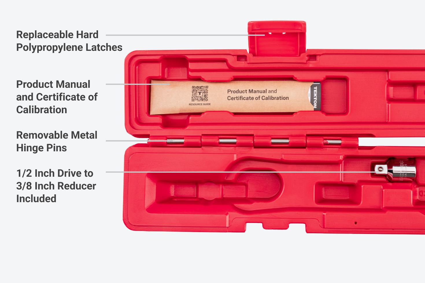 The case has replaceable latches, a product manual and certificate of calibration, removable hinge pins, and a reducer