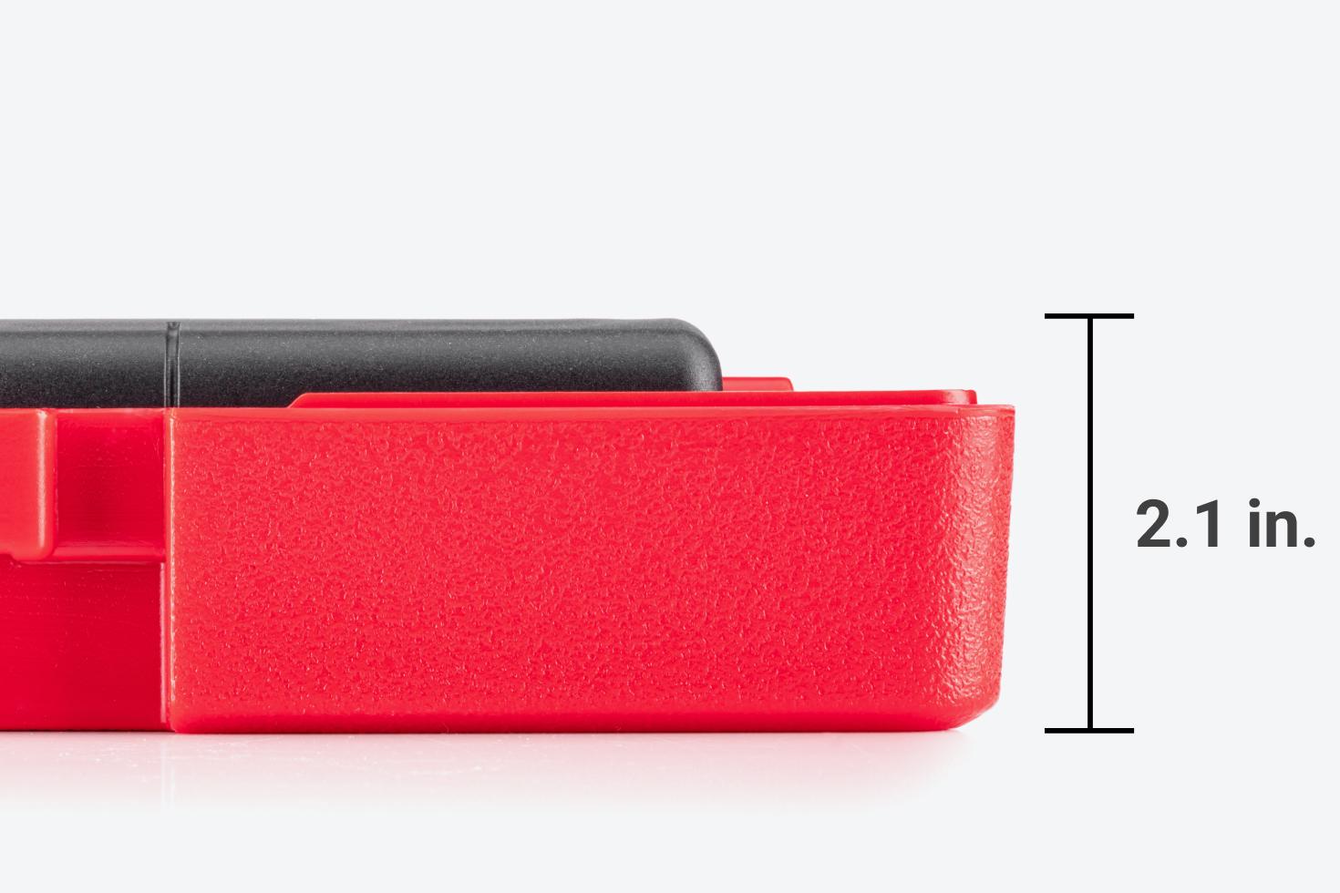 With the lid off, the case and wrench are 2.1 inches tall.