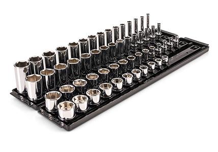 A Tekton hand drive socket set on black rails in a tray