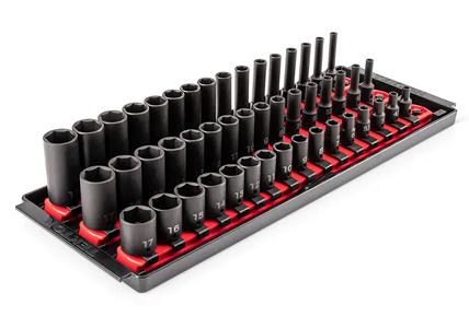 A Tekton impact socket set on red rails in a black tray