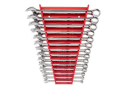 A Tekton combination wrench set in a red rack