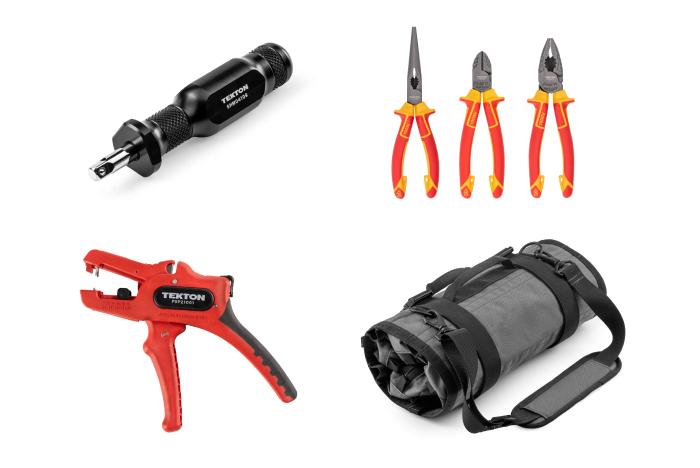 A Tekton spinner handle, shop scissors, ratchet, and MTR roll