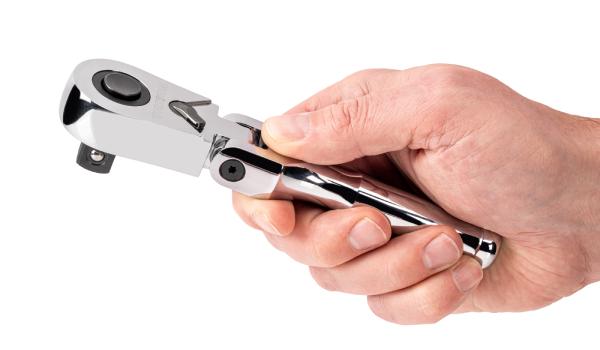 A person holding #SRH36206 Tekton 1/2 Inch Drive Stubby Ratchet
