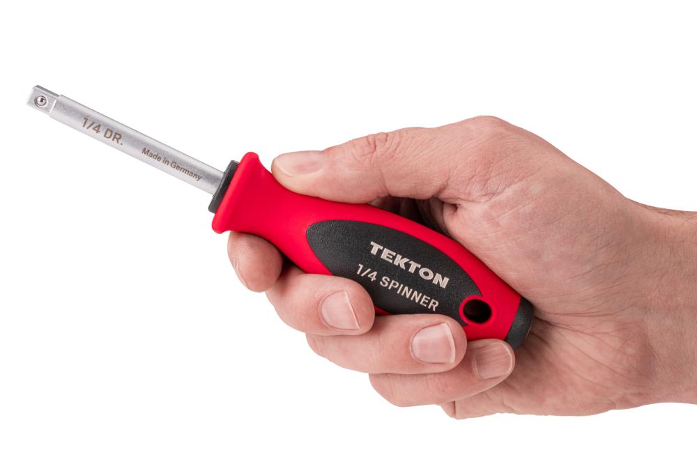 A person holding #SHW03125 Tekton 1/4 inch drive molded spinner handle