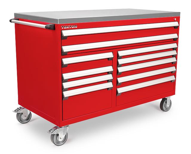 A red Tekton tool cabinet with stainless steel top
