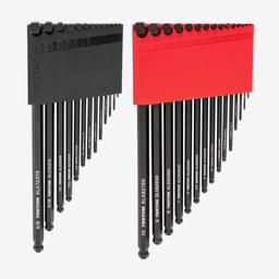 Tekton inch and metric ball end hex key sets in black and red holders