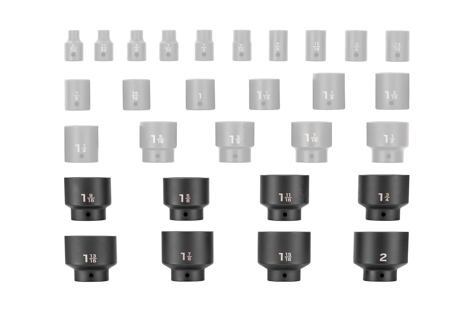 Tekton 5/16–2 inch 1/2 inch drive impact sockets, with the 5/16–1-1/2 inch sockets grayed out.