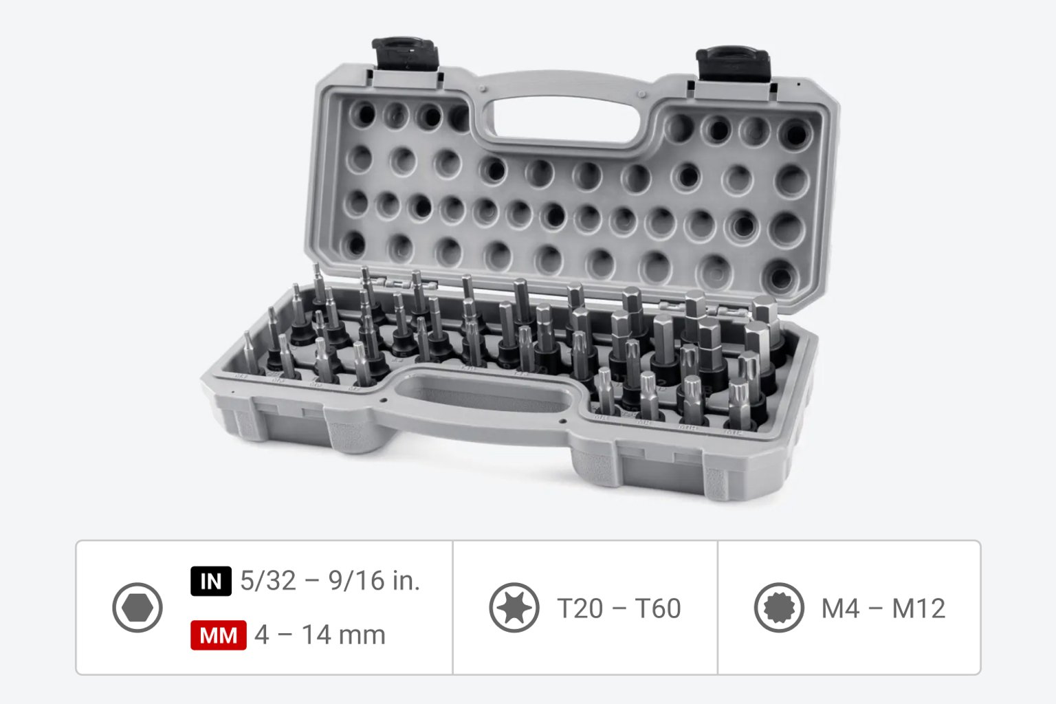 Tekton impact bit socket set in gray case. Includes sizes 5/32 - 9/16 in., 4 - 14 mm, T20 - T60, and M4 - M12.